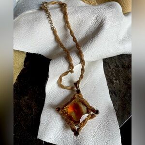 Vintage Amber toned necklace / brooch gold tone trident marked pre 1970s